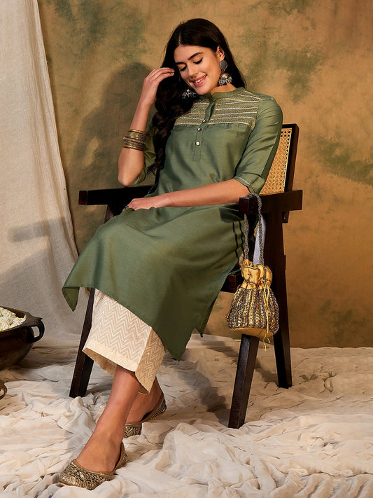 Indo Era Green Embroidered Straight Kurtas