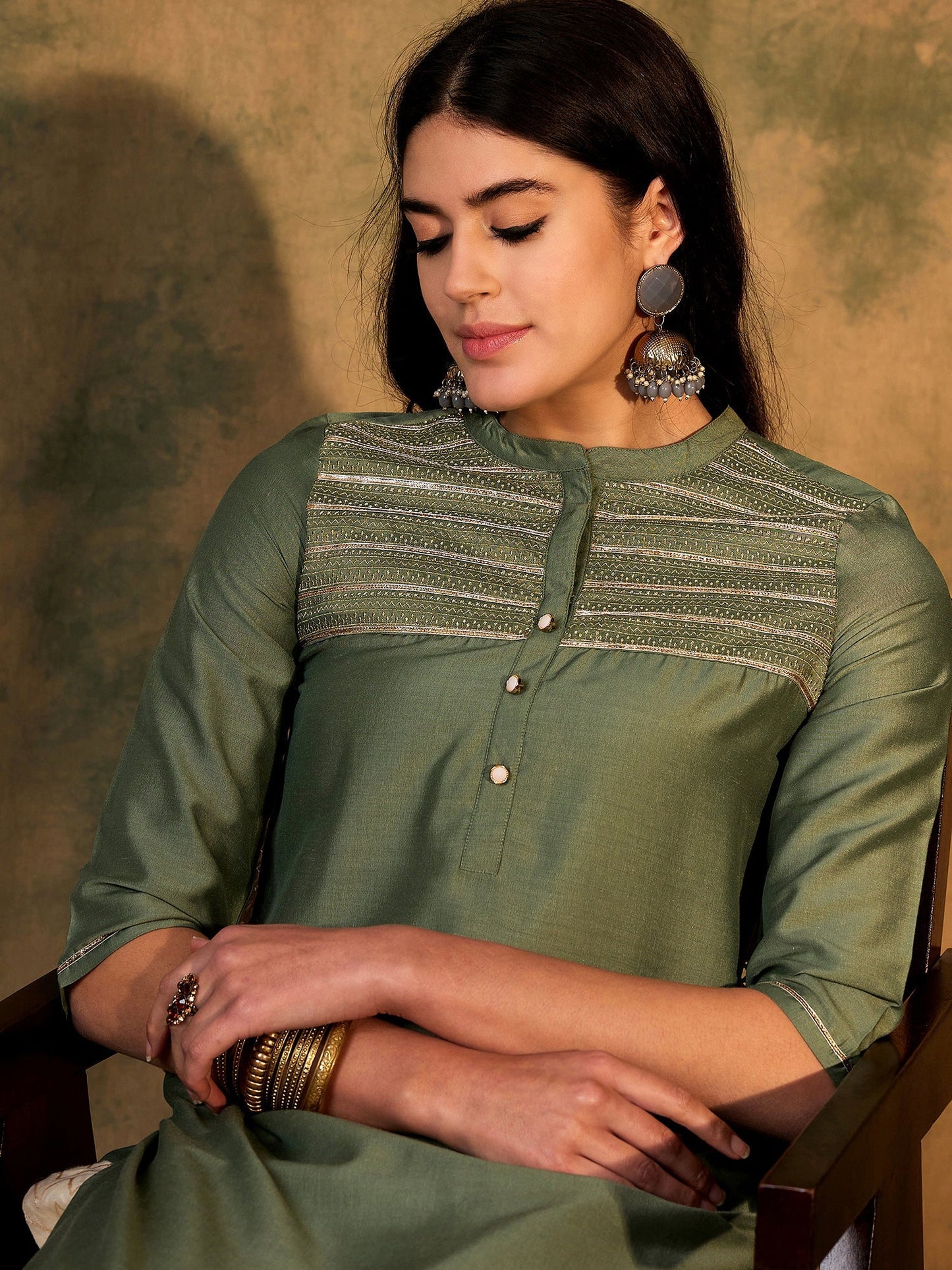 Indo Era Green Embroidered Straight Kurtas
