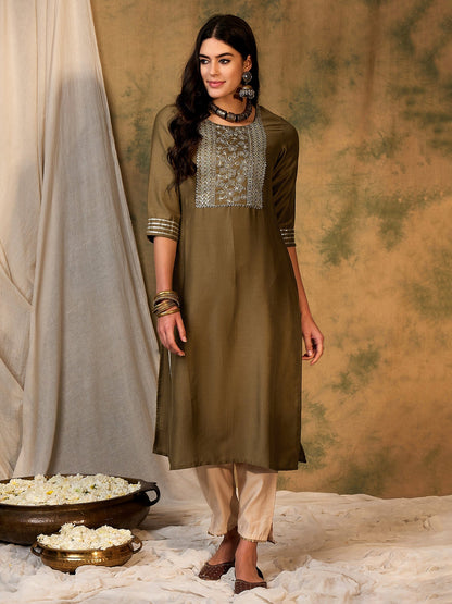 Indo Era Green Embroidered Straight Kurtas