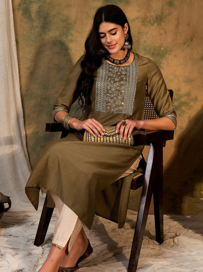 Indo Era Green Embroidered Straight Kurtas