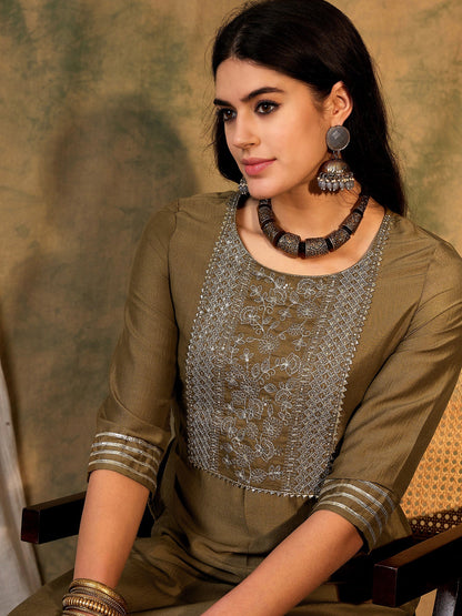 Indo Era Green Embroidered Straight Kurtas