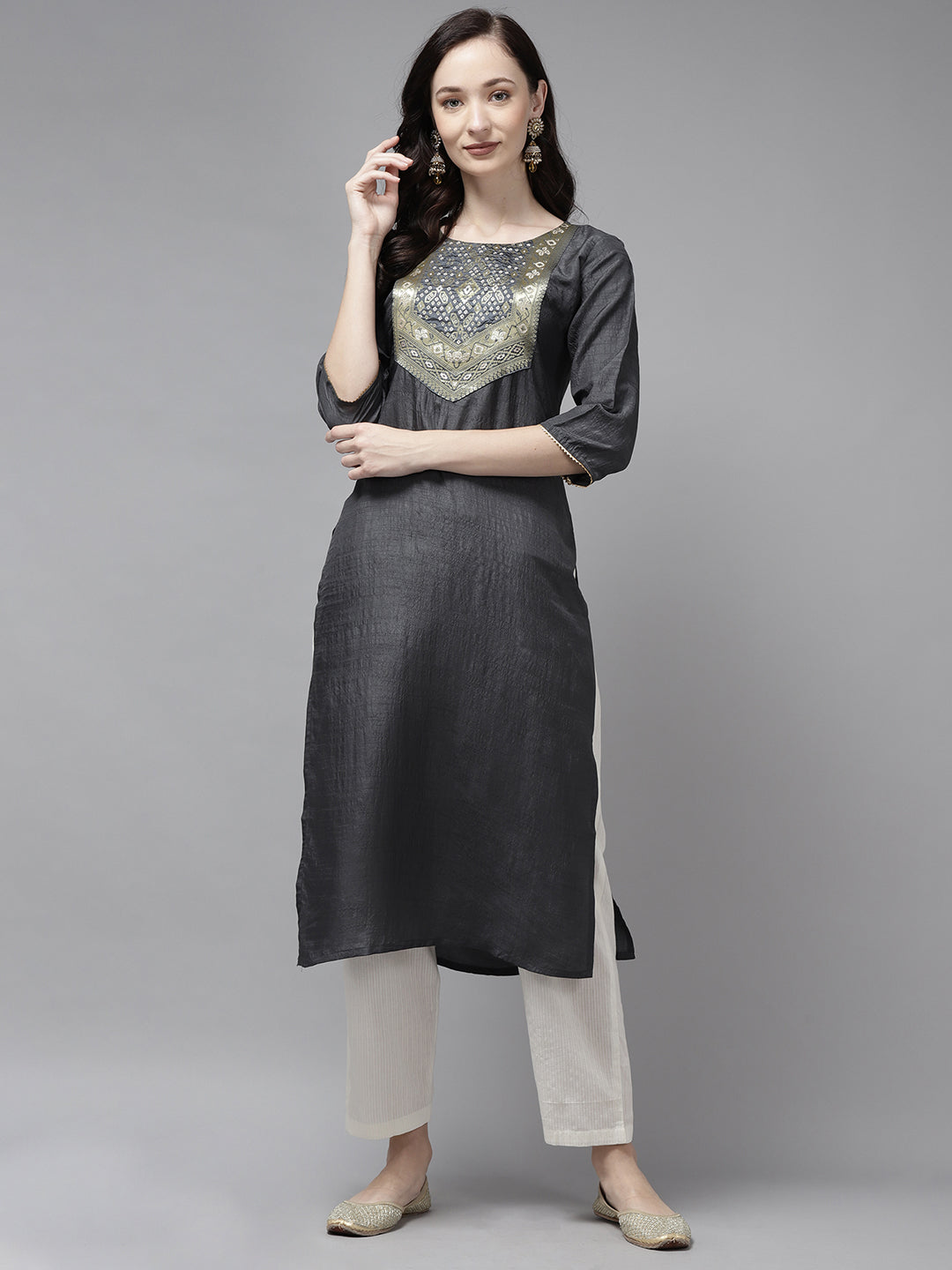Indo Era Grey Solid Straight Kurta
