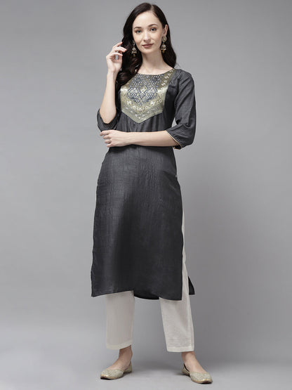 Indo Era Grey Solid Straight Kurta