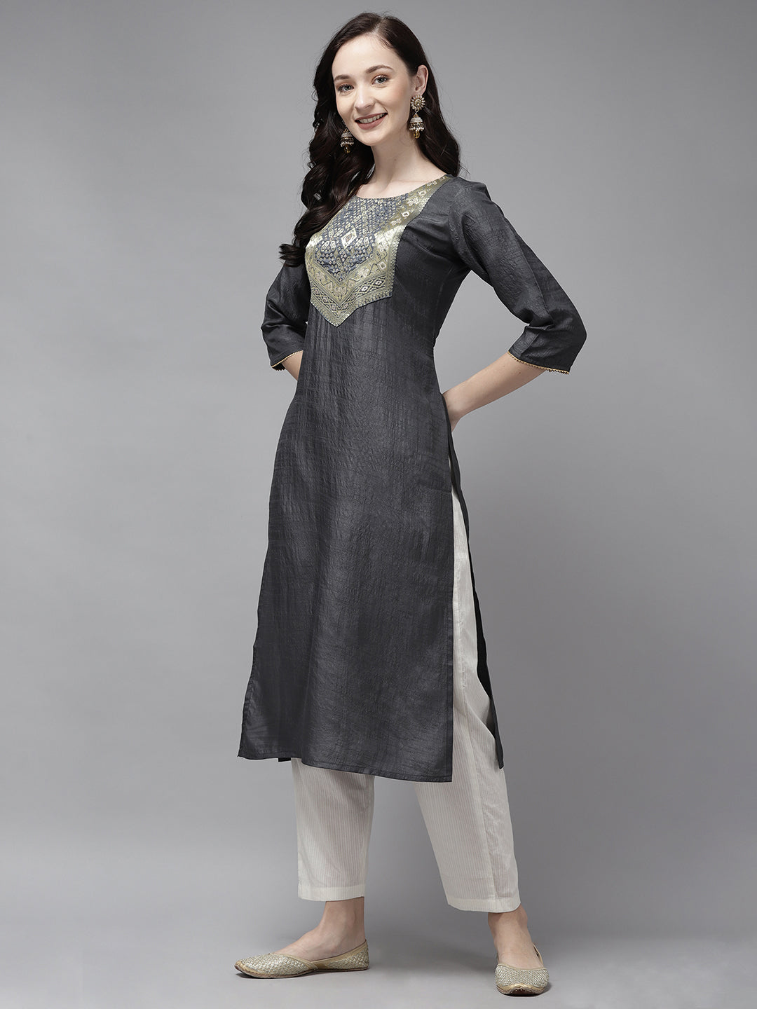 Indo Era Grey Solid Straight Kurta