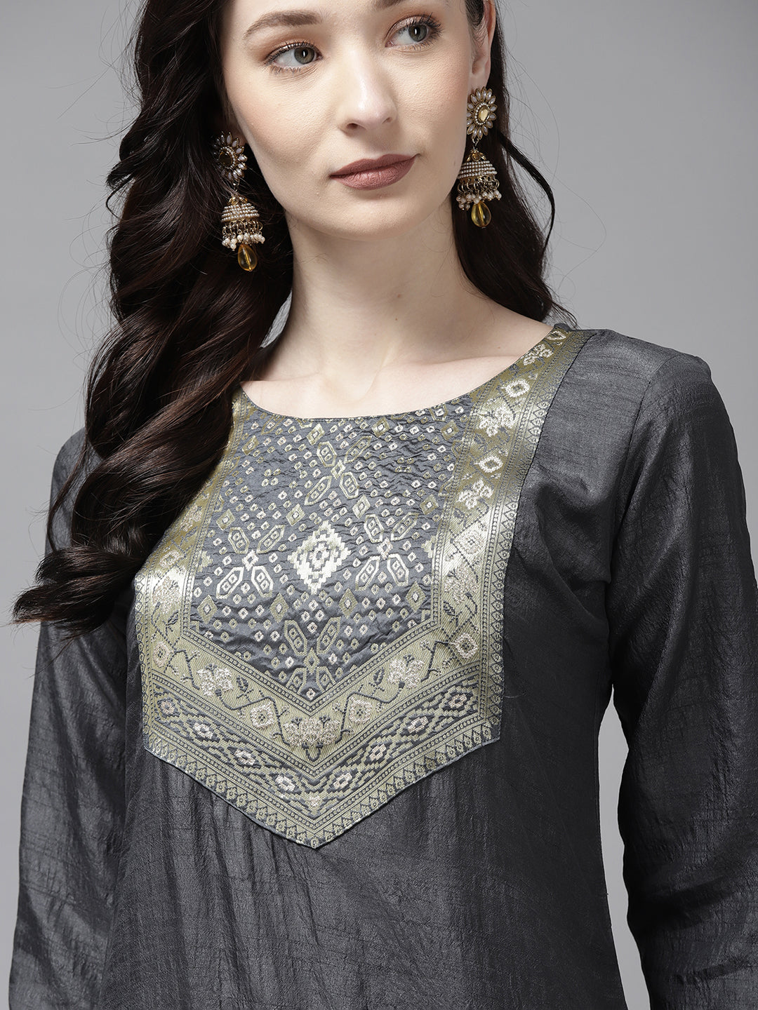 Indo Era Grey Solid Straight Kurta