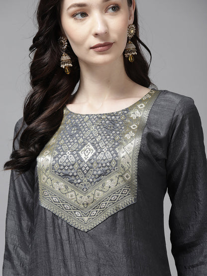 Indo Era Grey Solid Straight Kurta