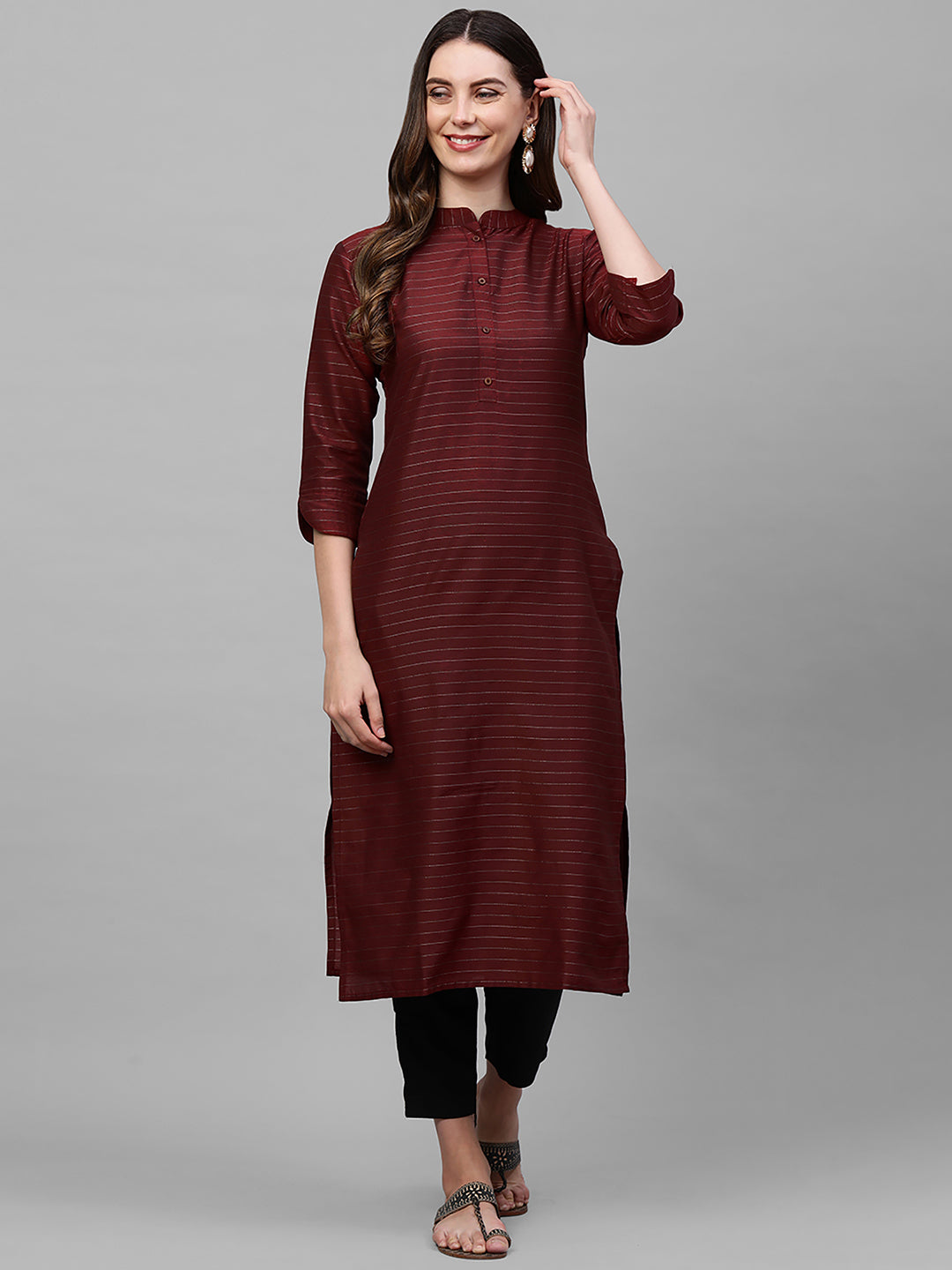 Maroon Striped Straight Kurta