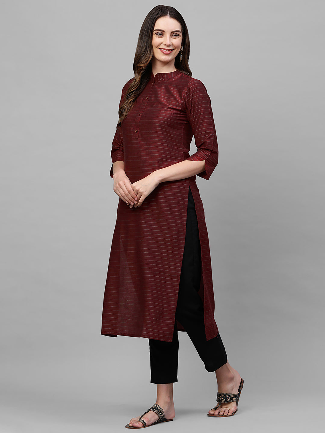 Maroon Striped Straight Kurta