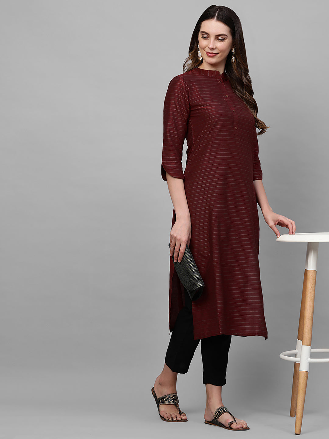 Maroon Striped Straight Kurta