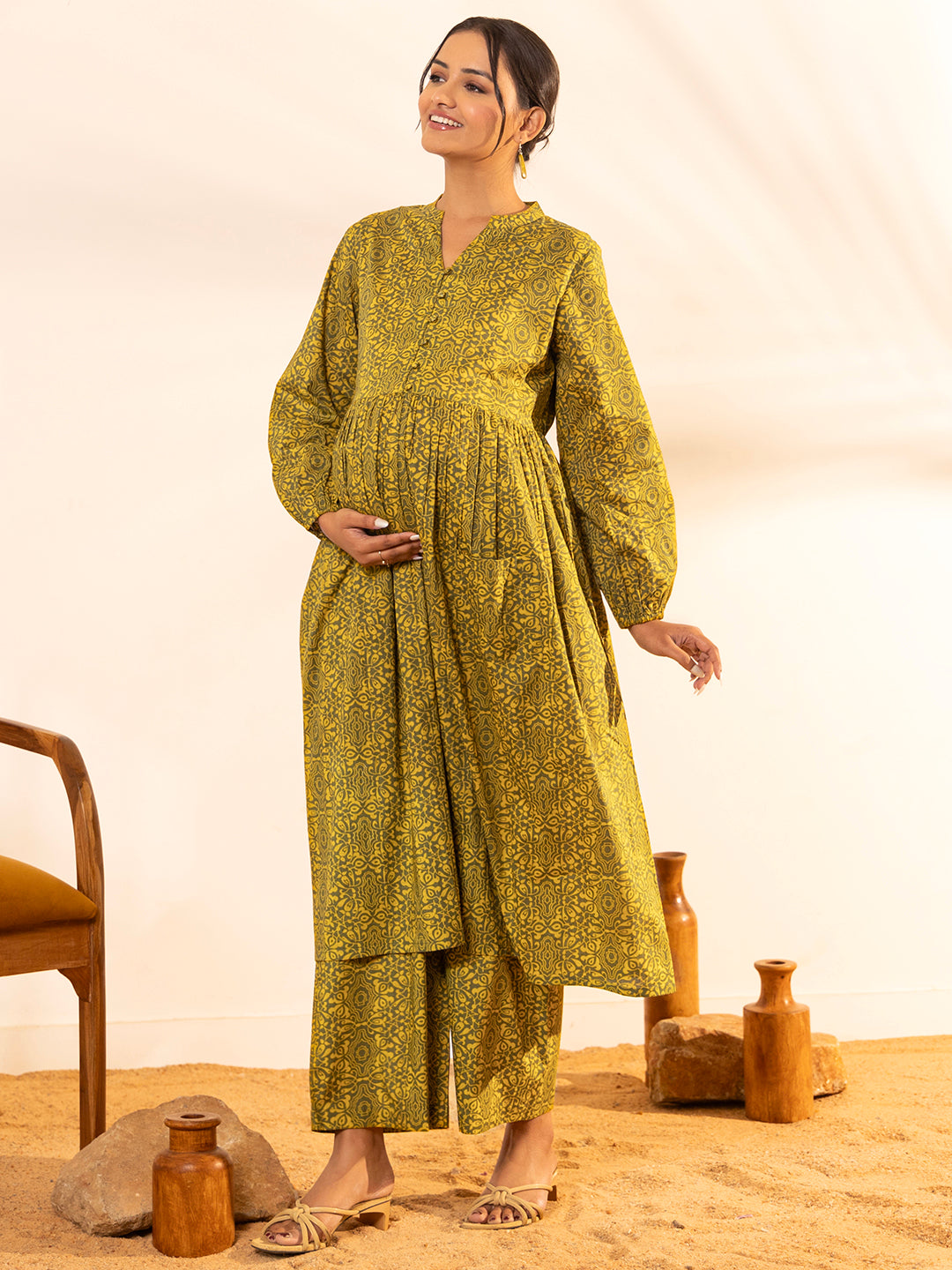 Olive Cotton Printed Gathered Maternity Kurta Set