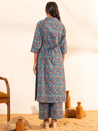 Blue Cotton Floral A-Line Maternity Kurta Set