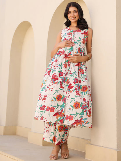 Women's Cream Pure Cotton Floral Printed A-line Maternity Kurta Set