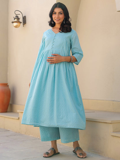 Light Blue Dobby Pure Cotton Self Design A-line Maternity Kurta Pant Set