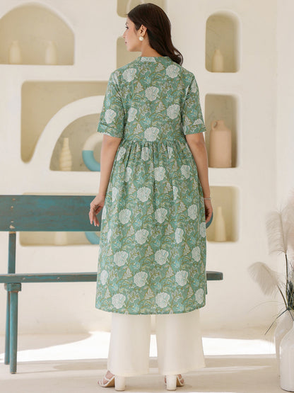 Sage Green Pure Cotton Floral Printed A-line Maternity Kurta