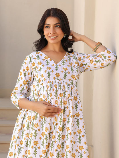 White Pure Cotton Floral Printed A-line Maternity Kurta