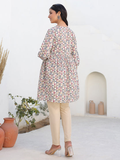 Cream Pure Cotton Geometric Printed A-line Maternity Tunic