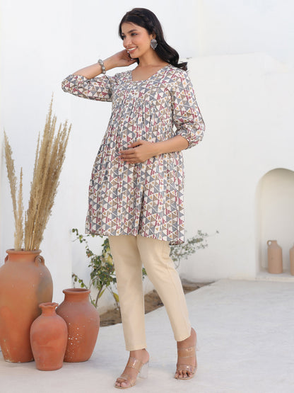 Cream Pure Cotton Geometric Printed A-line Maternity Tunic