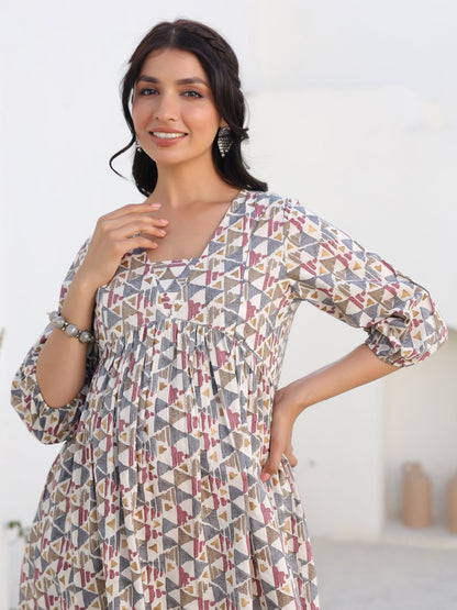 Cream Pure Cotton Geometric Printed A-line Maternity Tunic