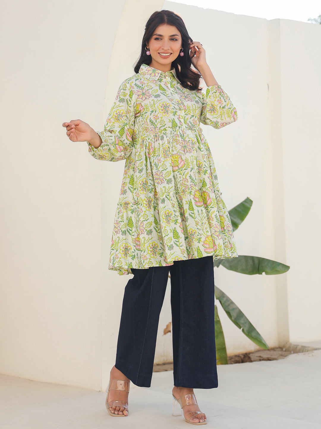 Green Pure Cotton Floral Printed Tiered Maternity Tunic
