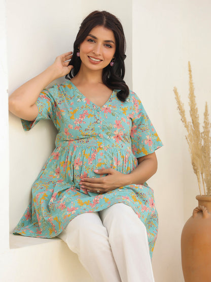 Blue Pure Cotton Floral Printed A-line Maternity Tunic