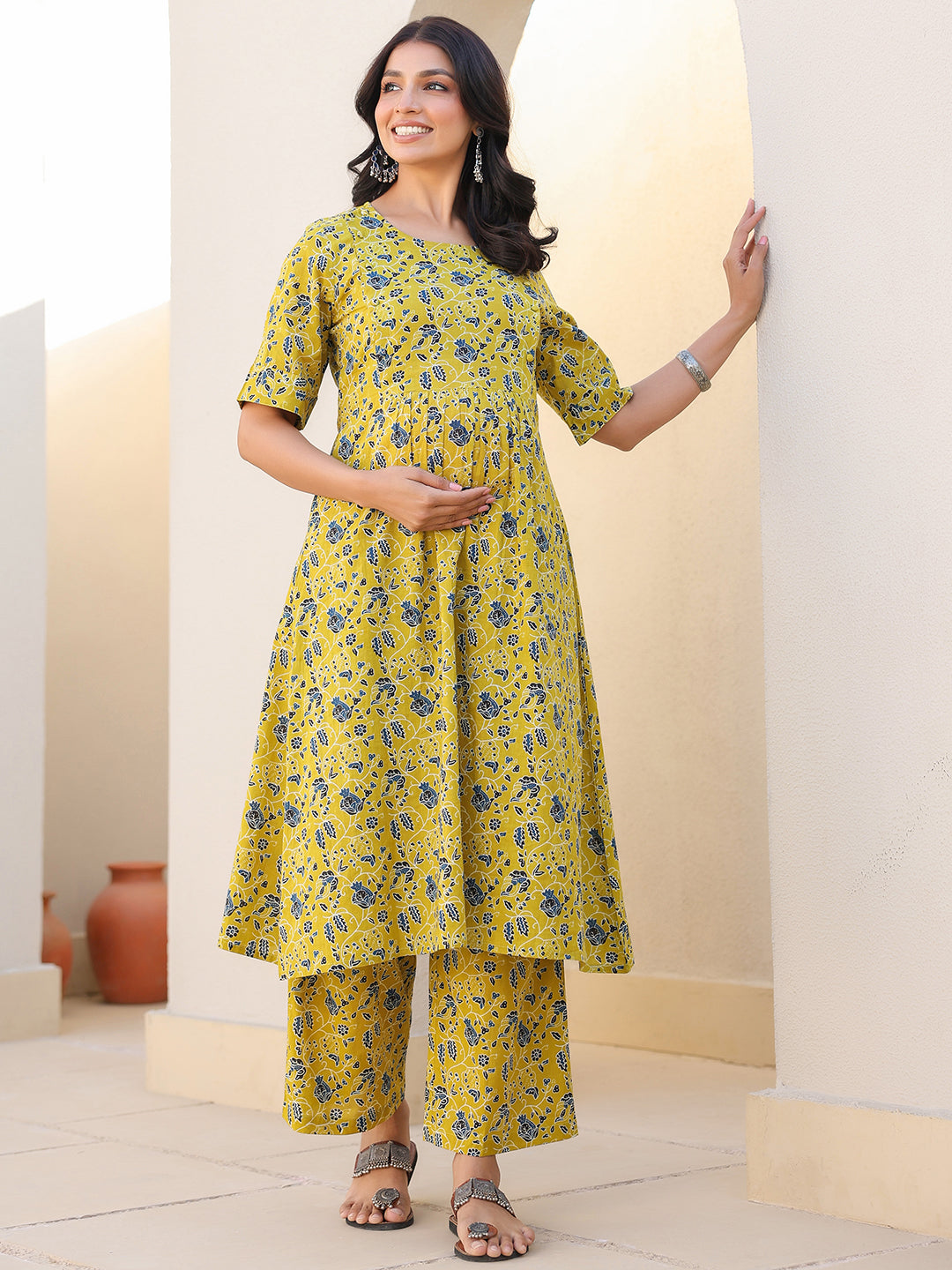 Lime Yellow Pure Cotton Floral Printed A-line Maternity Kurta Pant Set
