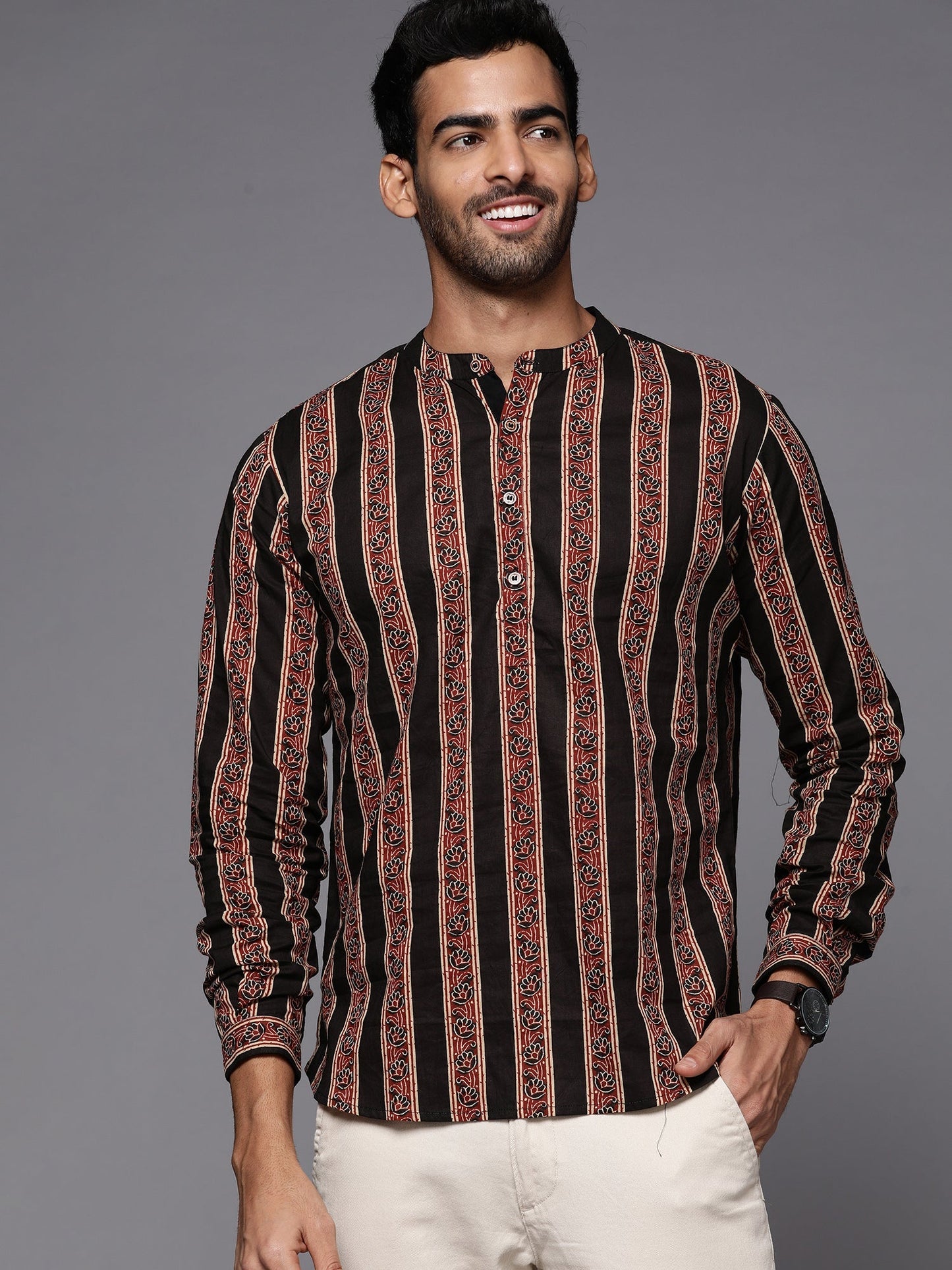 Indo Era Black Striped Cotton Straight Kurtas
