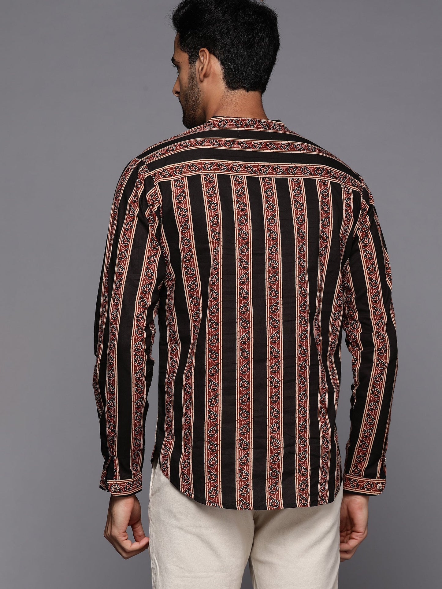 Indo Era Black Striped Cotton Straight Kurtas