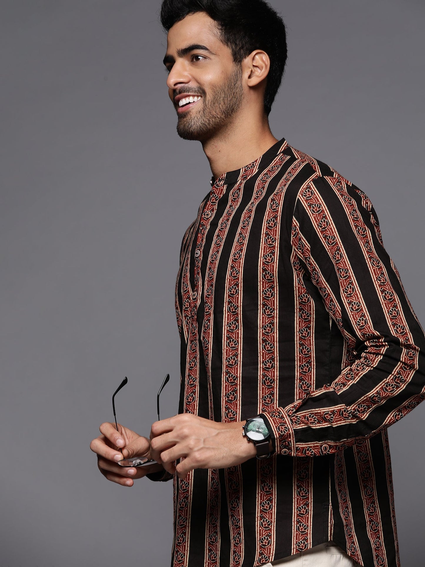 Indo Era Black Striped Cotton Straight Kurtas