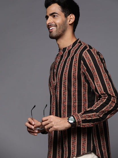 Indo Era Black Striped Cotton Straight Kurtas