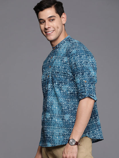 Indo Era Blue Block Print Cotton Straight Kurtas
