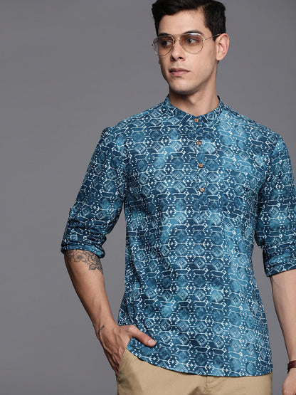 Indo Era Blue Block Print Cotton Straight Kurtas