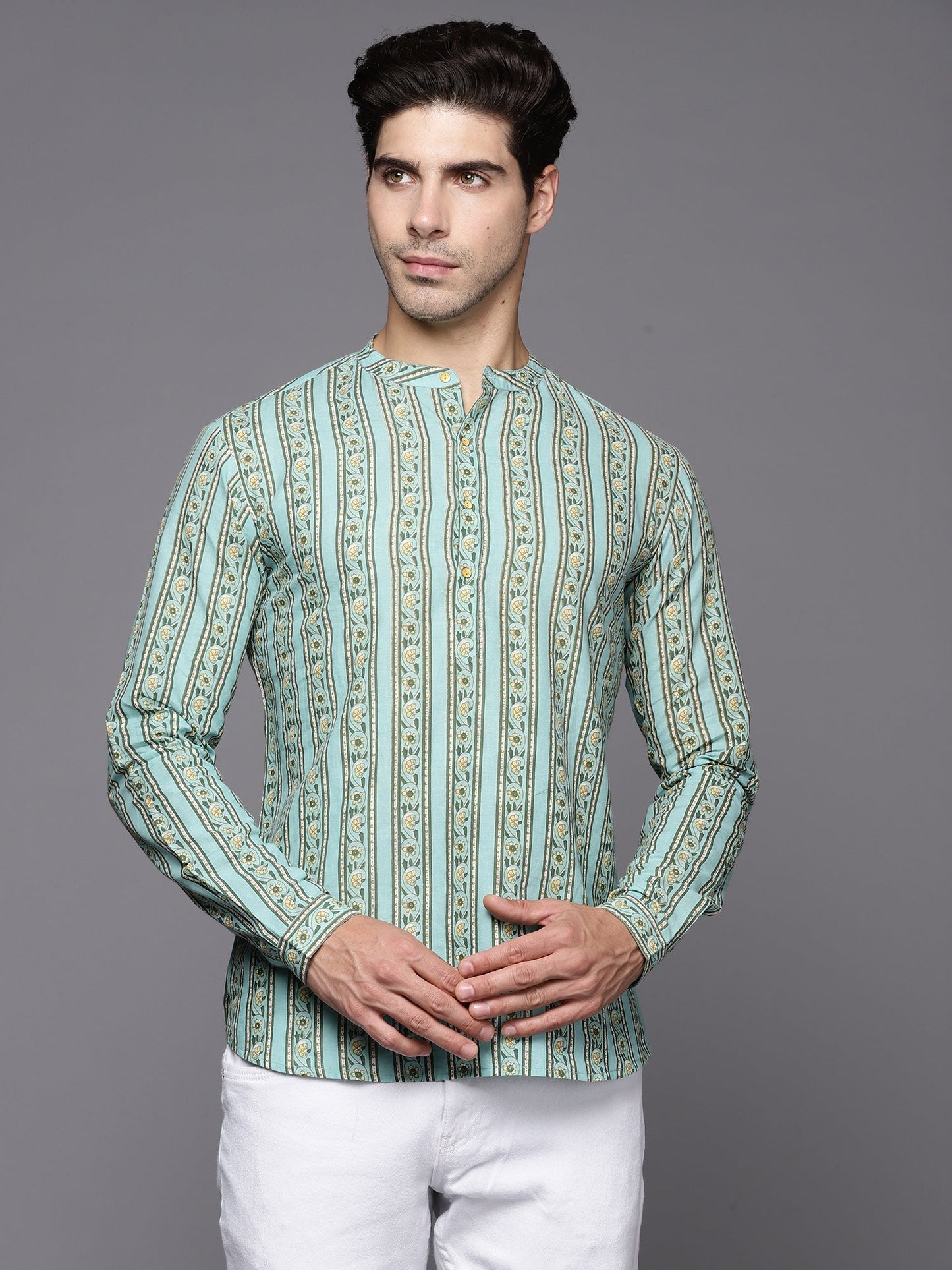 Indo Era Blue Printed Silk Blend Straight Kurtas