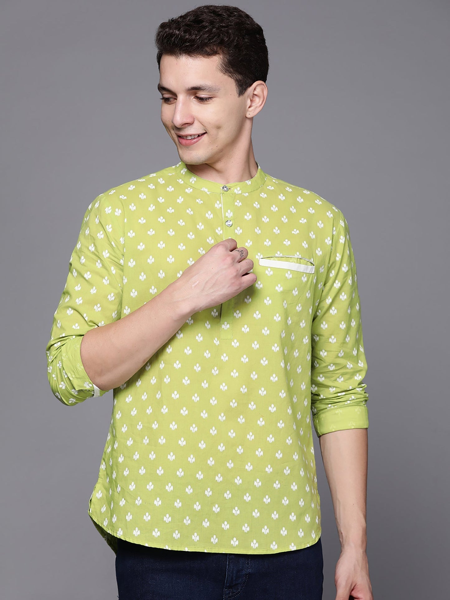 Indo Era Green Polka Dot Cotton Straight Kurtas