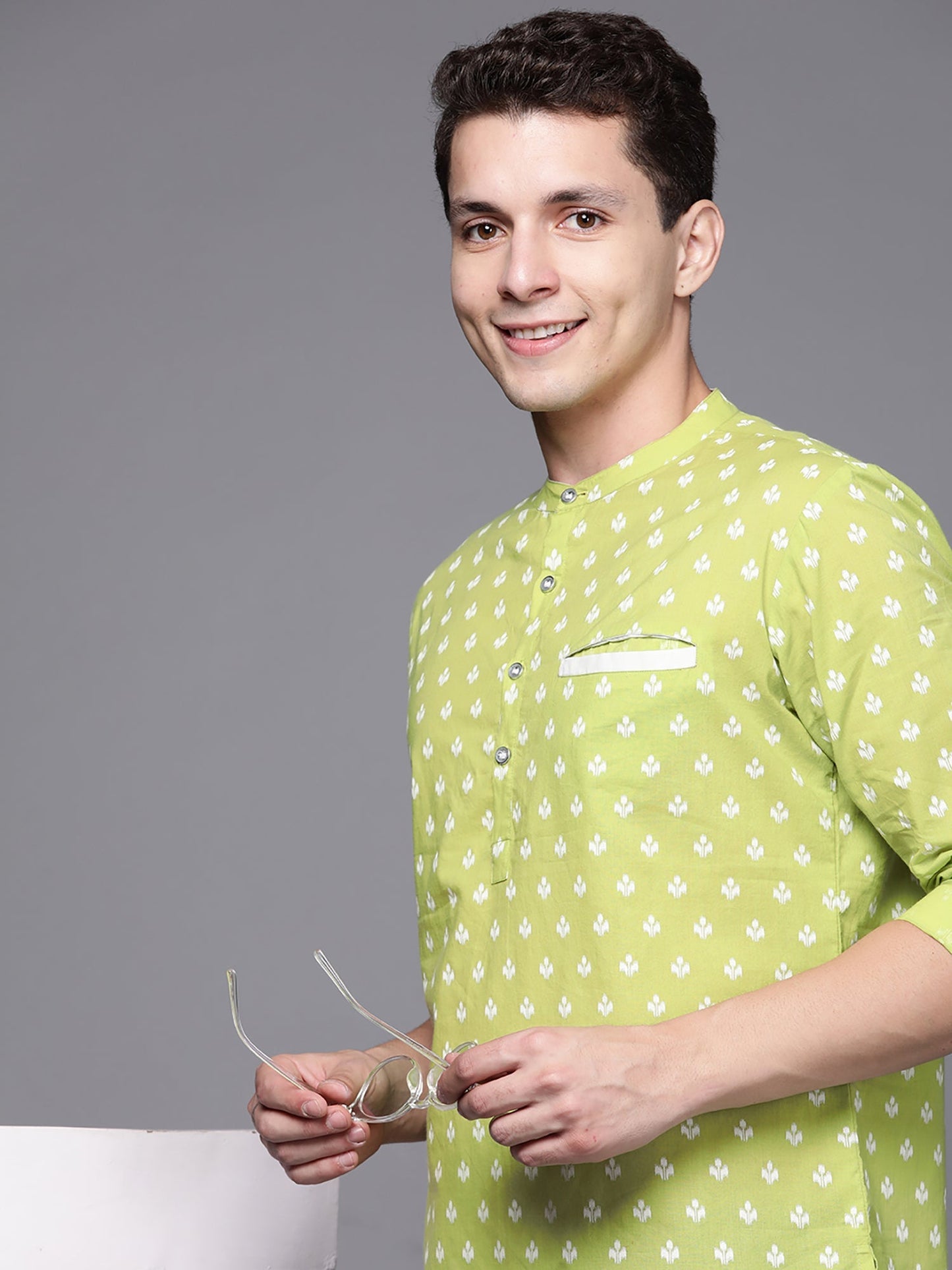 Indo Era Green Polka Dot Cotton Straight Kurtas