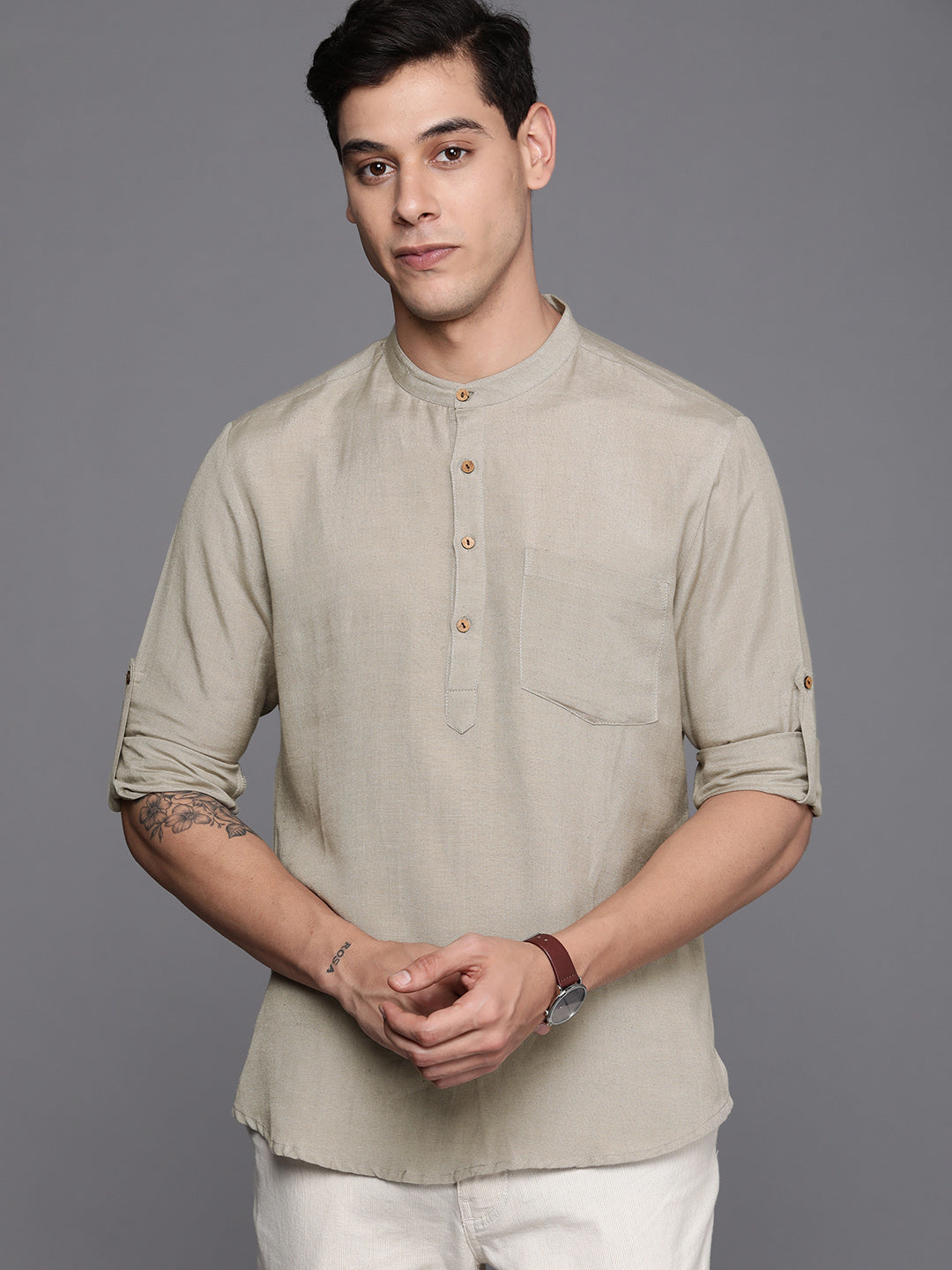 Indo Era Grey Plain Cotton Blend Straight Kurtas