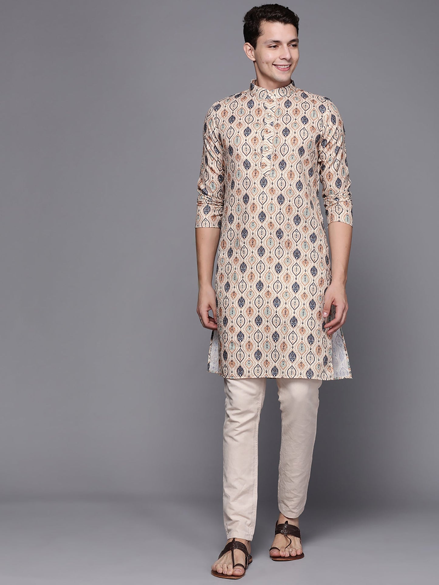 Indo Era Beige Ethnic Motifs Cotton Straight Kurtas