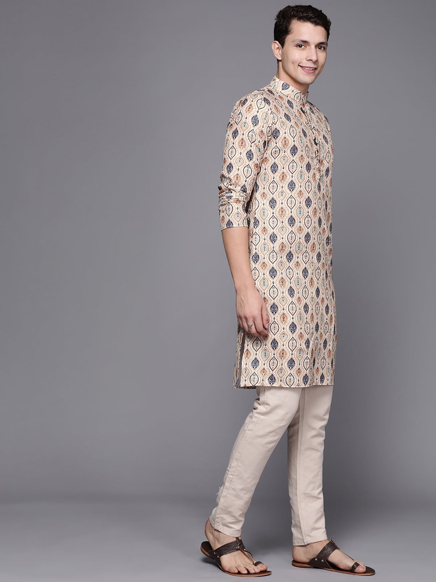 Indo Era Beige Ethnic Motifs Cotton Straight Kurtas