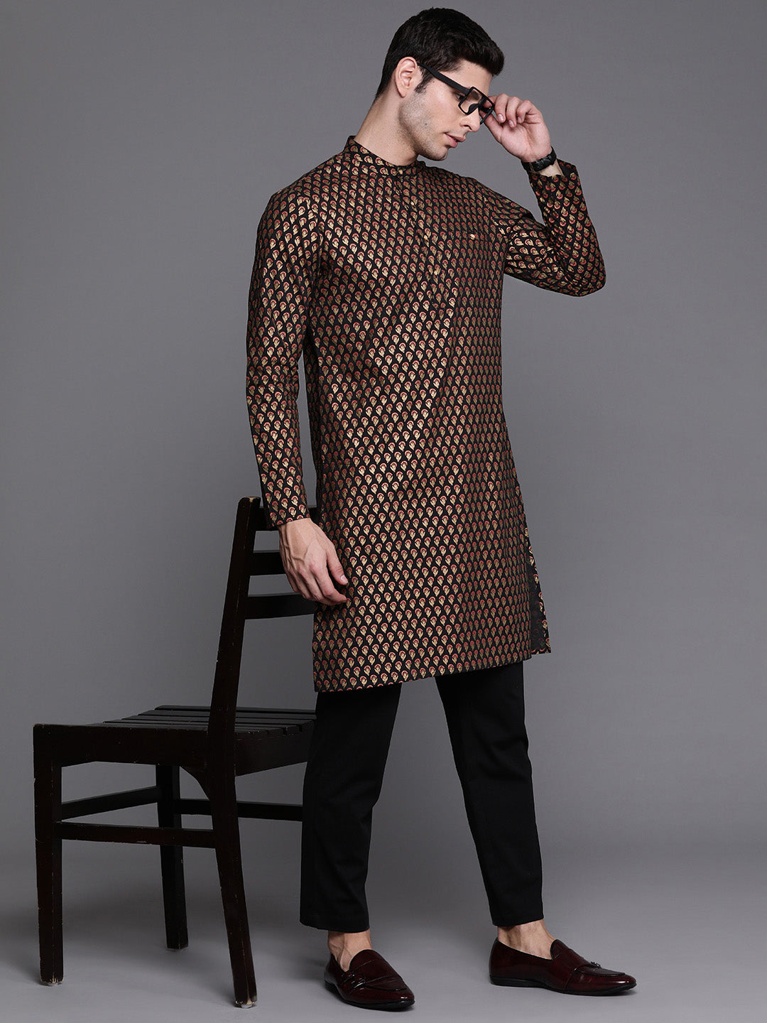 Indo Era Black Ethnic Motifs Cotton Straight Kurtas