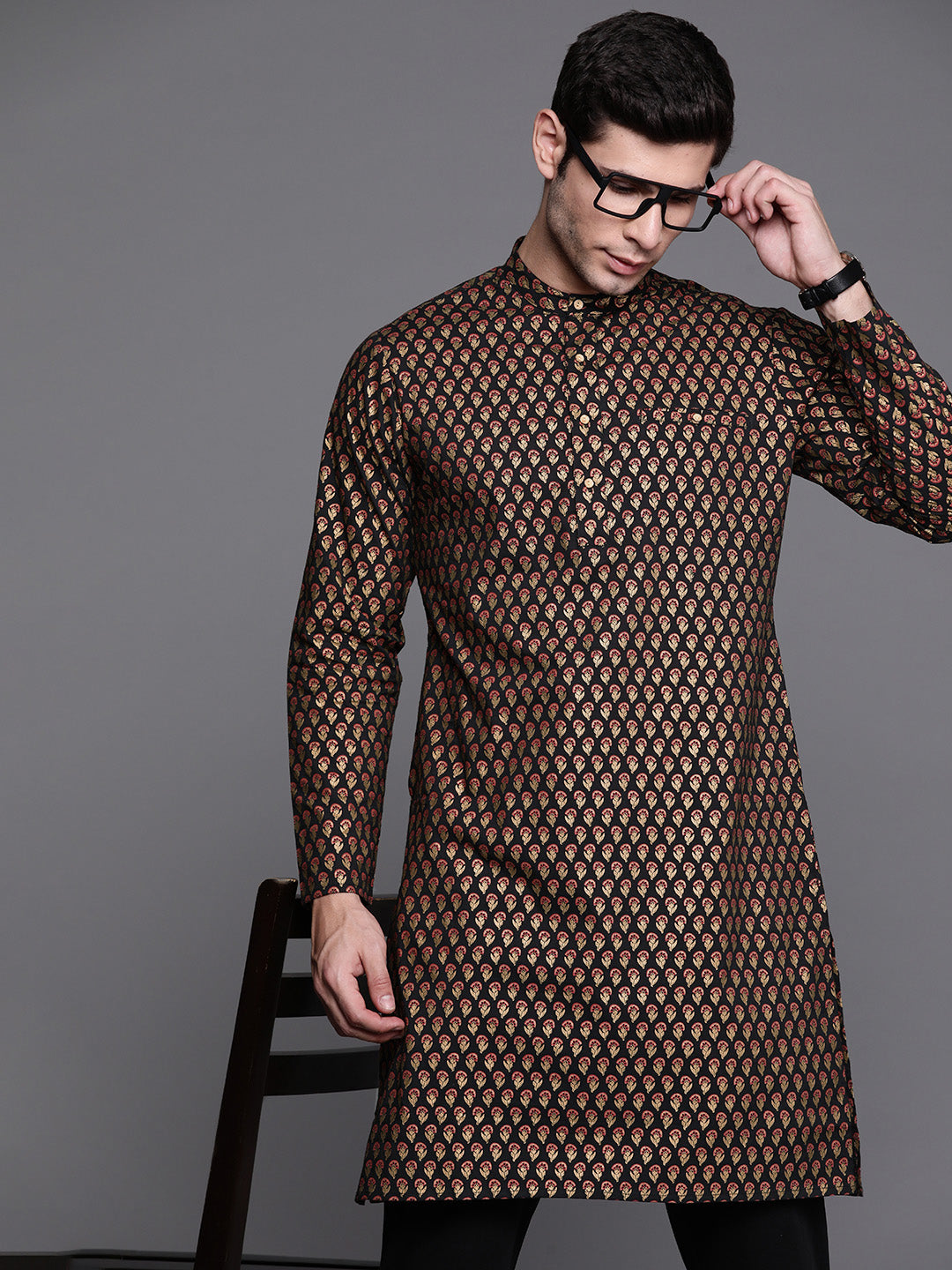Indo Era Black Ethnic Motifs Cotton Straight Kurtas