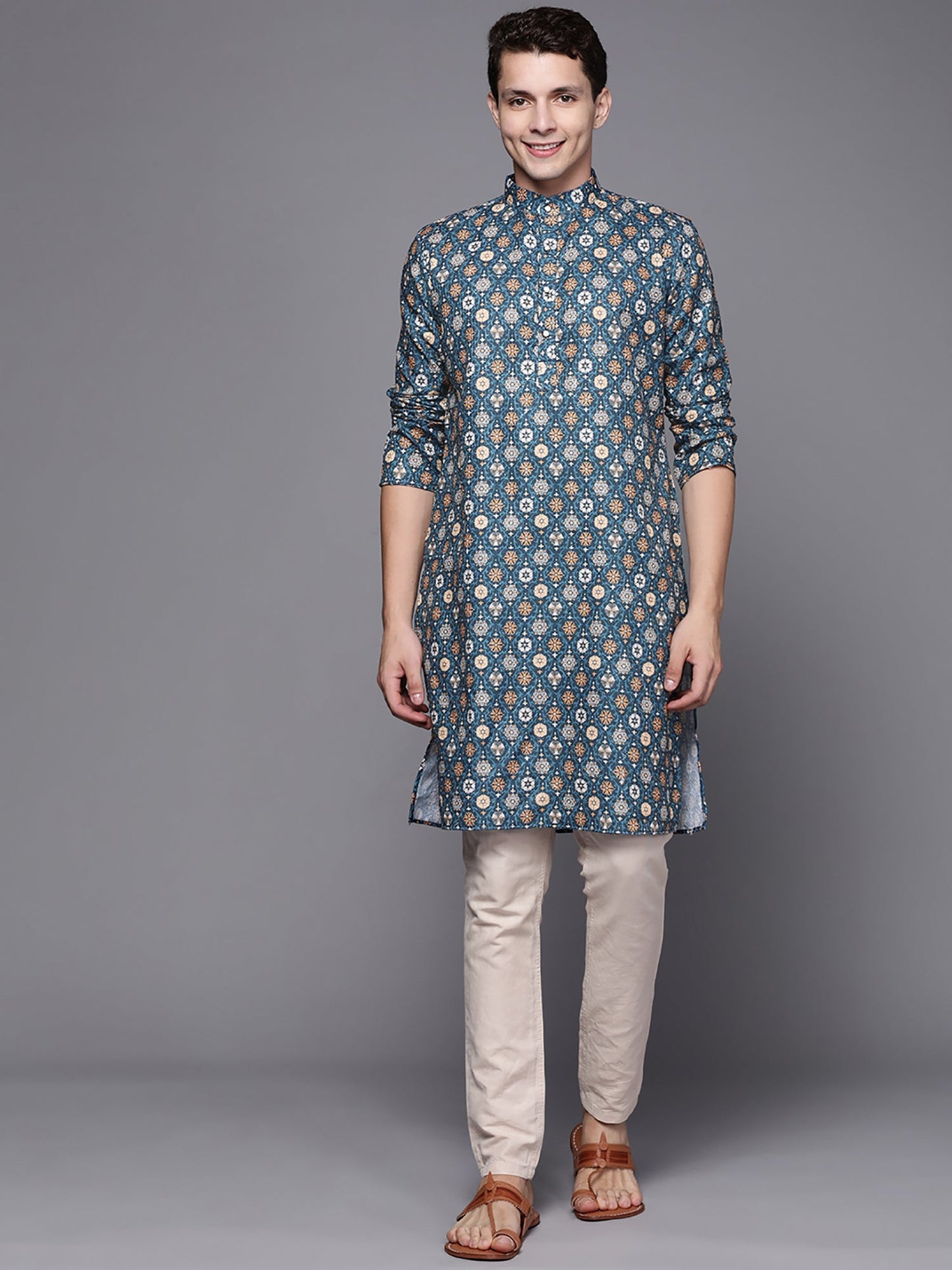 Indo Era Blue Ethnic Motifs Cotton Straight Kurtas