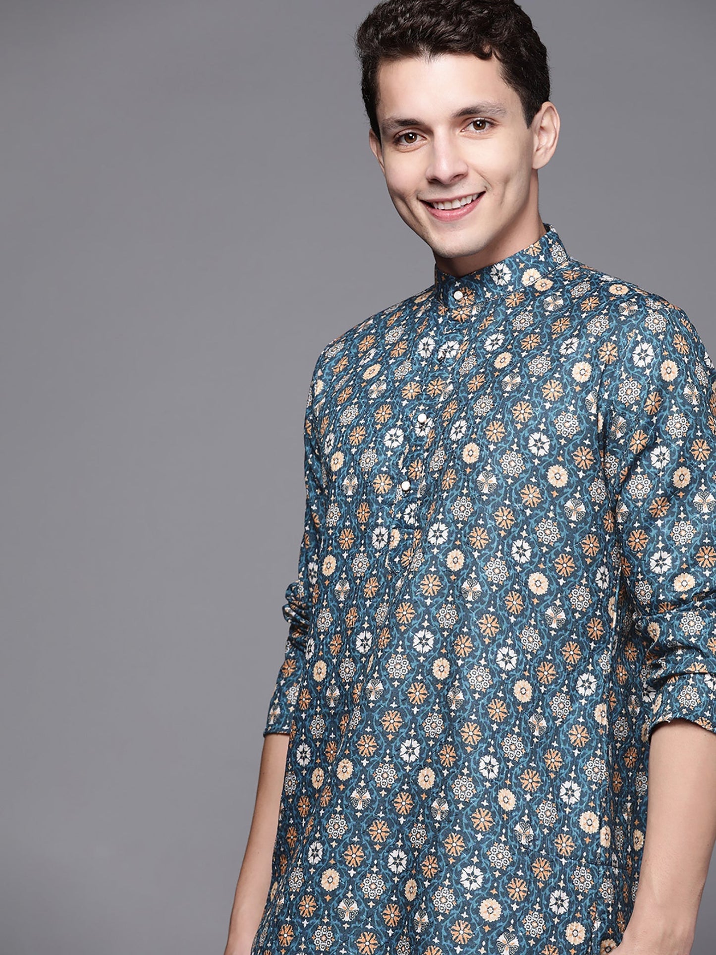 Indo Era Blue Ethnic Motifs Cotton Straight Kurtas