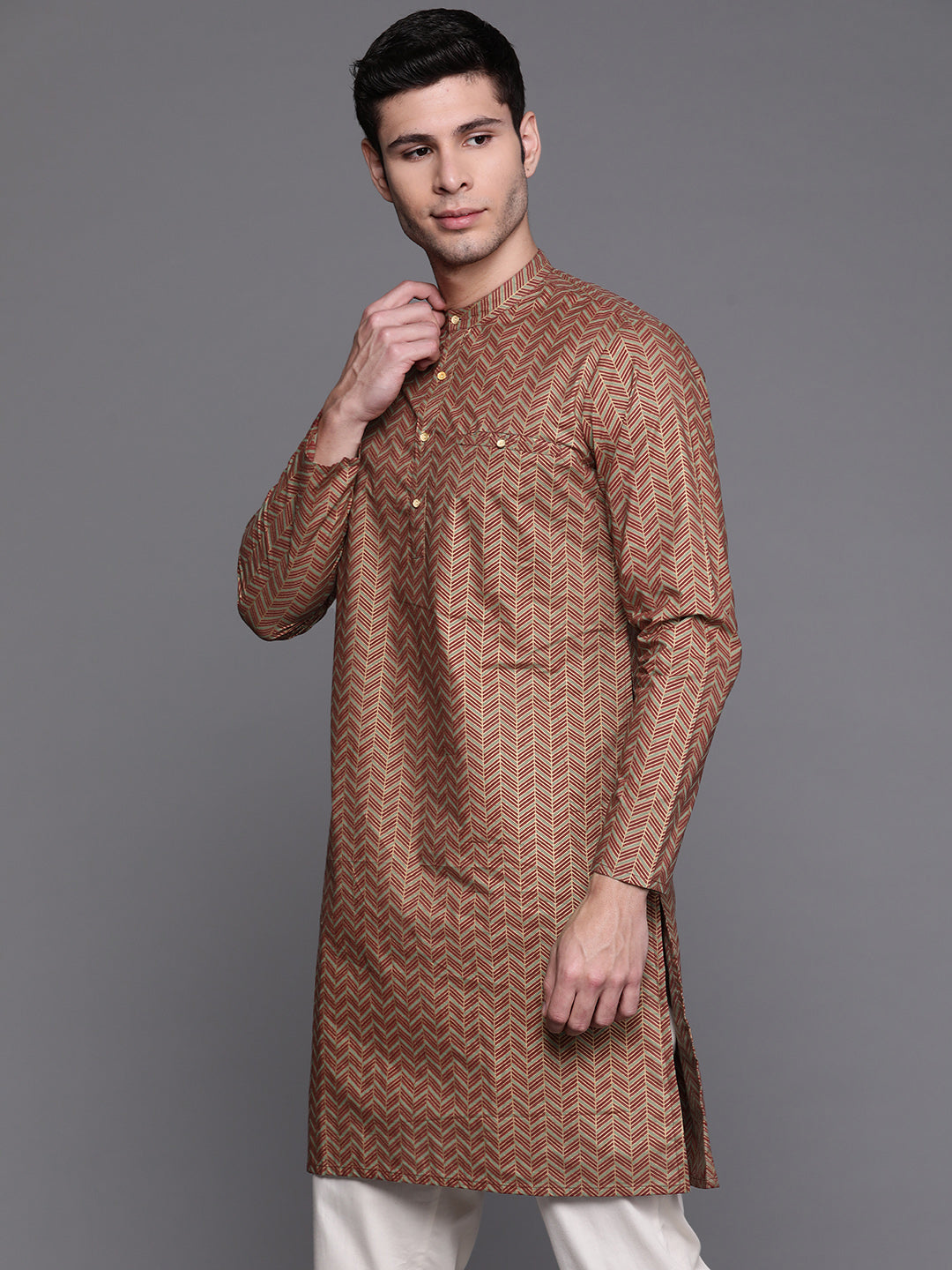 Indo Era Green Herringbone Cotton Straight Kurtas