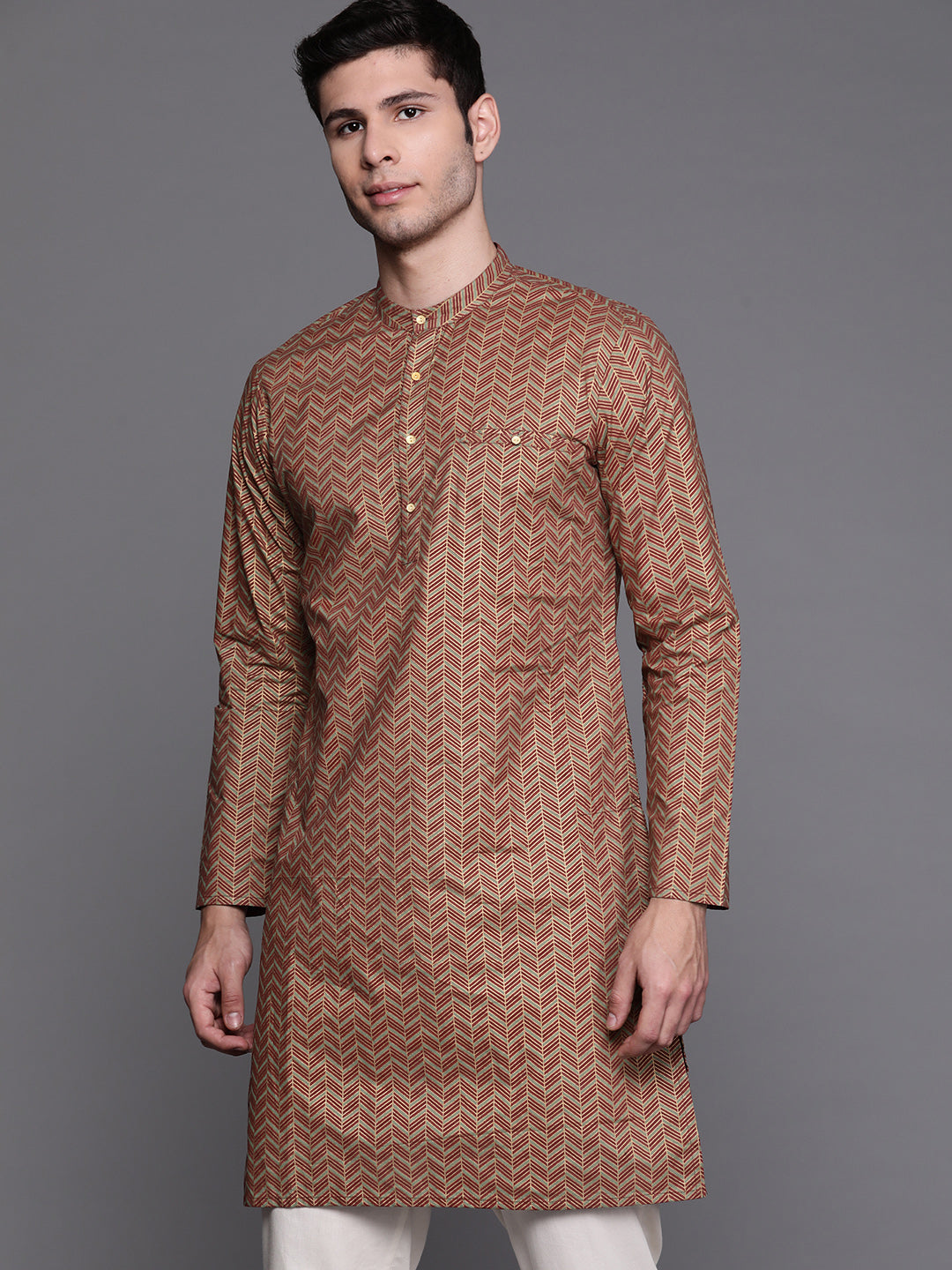 Indo Era Green Herringbone Cotton Straight Kurtas