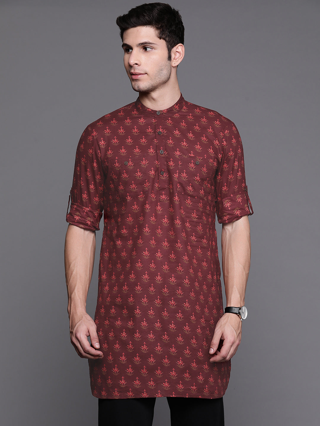 Maroon Ethnic Motifs Cotton Straight Kurtas