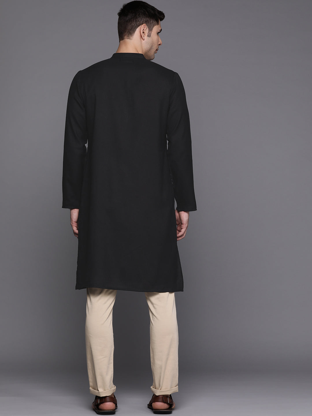 Indo Era Black Solid Cotton Blend Straight Kurtas