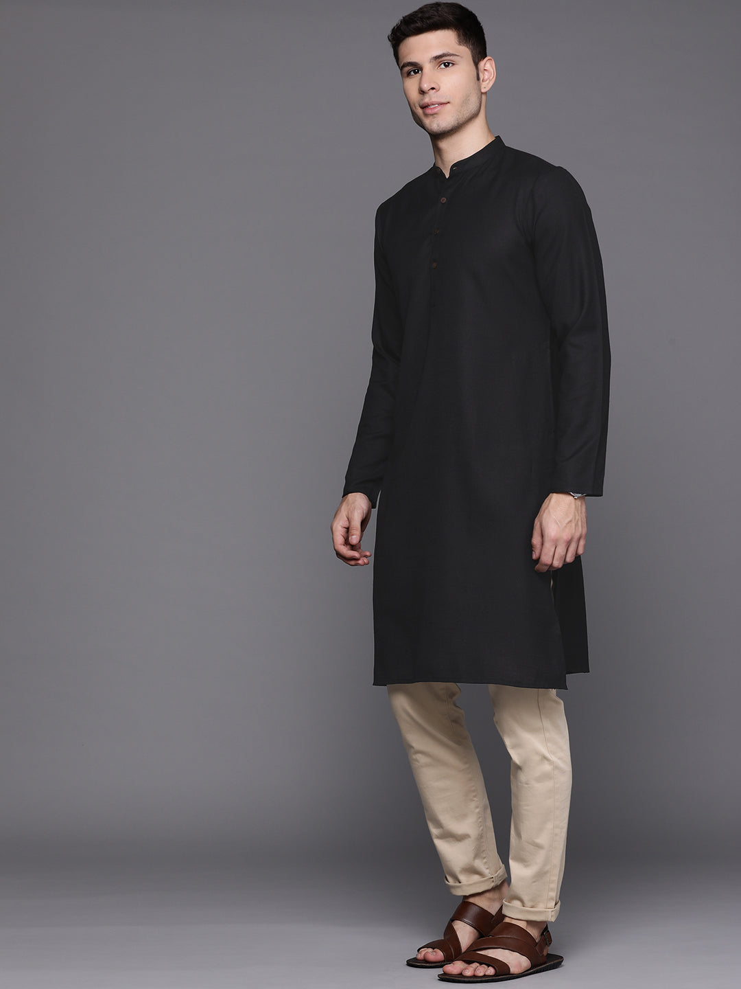 Indo Era Black Solid Cotton Blend Straight Kurtas