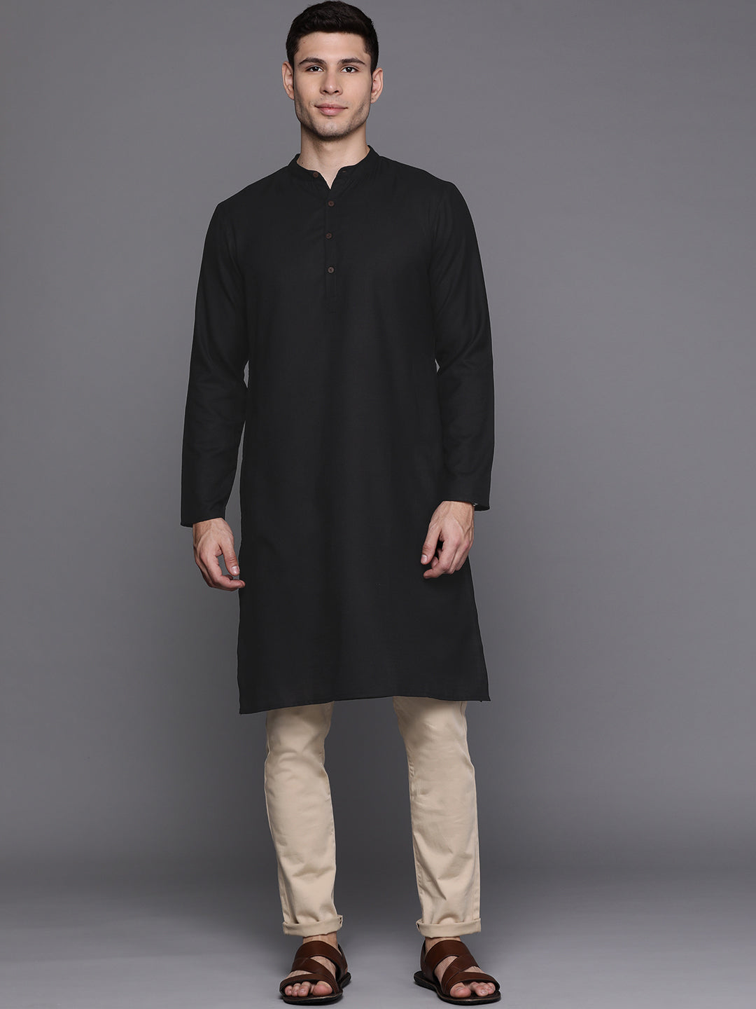 Indo Era Black Solid Cotton Blend Straight Kurtas