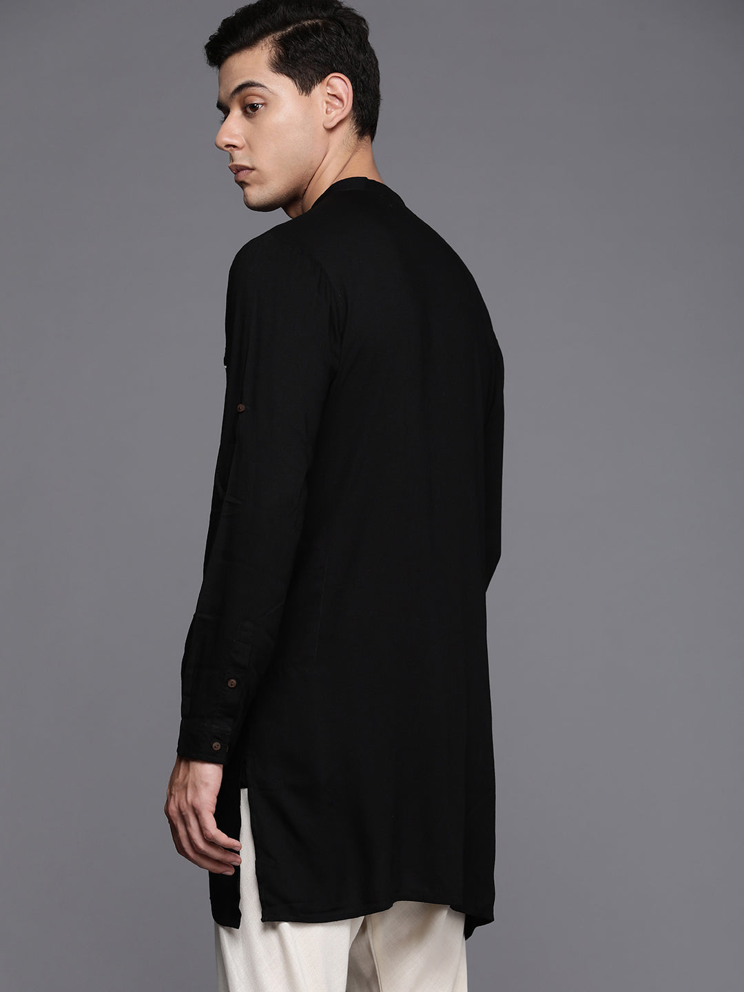 Indo Era Black Textured Cotton Blend Straight Kurtas