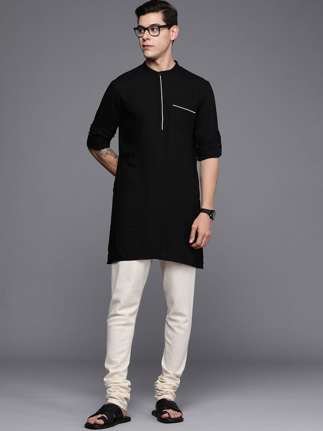 Indo Era Black Textured Cotton Blend Straight Kurtas