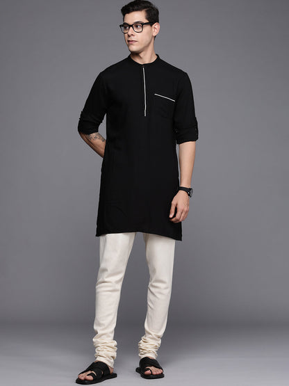 Indo Era Black Textured Cotton Blend Straight Kurtas